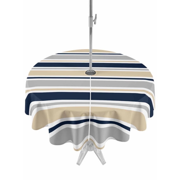 Outdoor Tablecloth with Umbrella Hole for Patio/Picnic/Party/Camping, Beige Navy Blue Striped Waterproof Table Cloth Round Cover Washable, Farmhouse Stripes Modern Abstract Art (Dia 54")