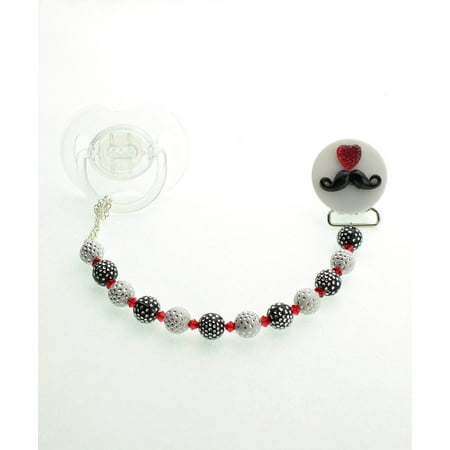 Mustache Pacifier Clip with Acrylic Beads