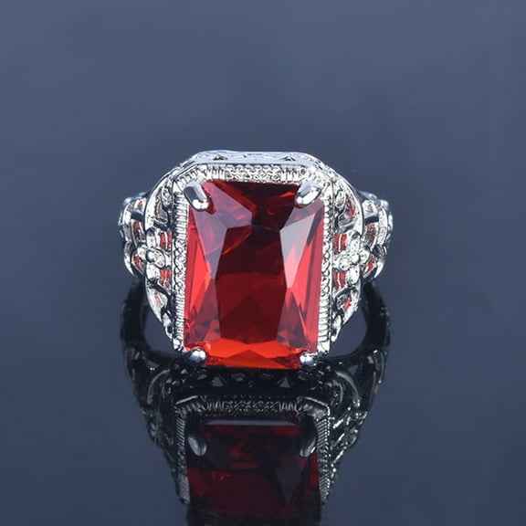 Vintage Emerald Cut Created Red Ruby Sterling Silver Promise Wedding Engagement Ring for Women(9)