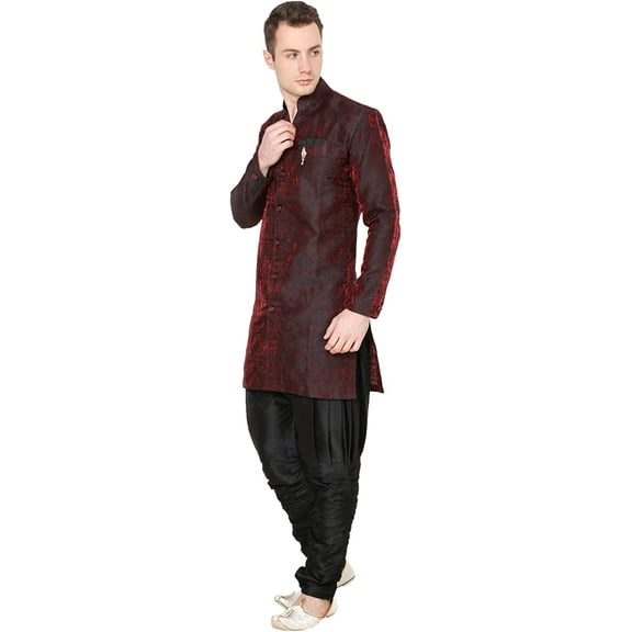 Royal Kurta Mens Jacqaurd Silk Floral Print Traditional Indowestern Maroon