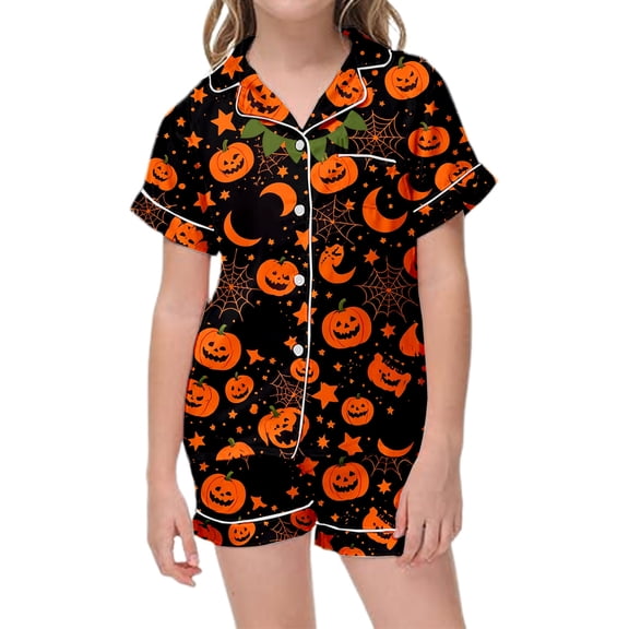 Halloween Pajamas Kids Size 5-6 Years Childrens Nightwear Short Sleeve Top and Shorts Cozy Homewear Set Pjs for Girls Orange
