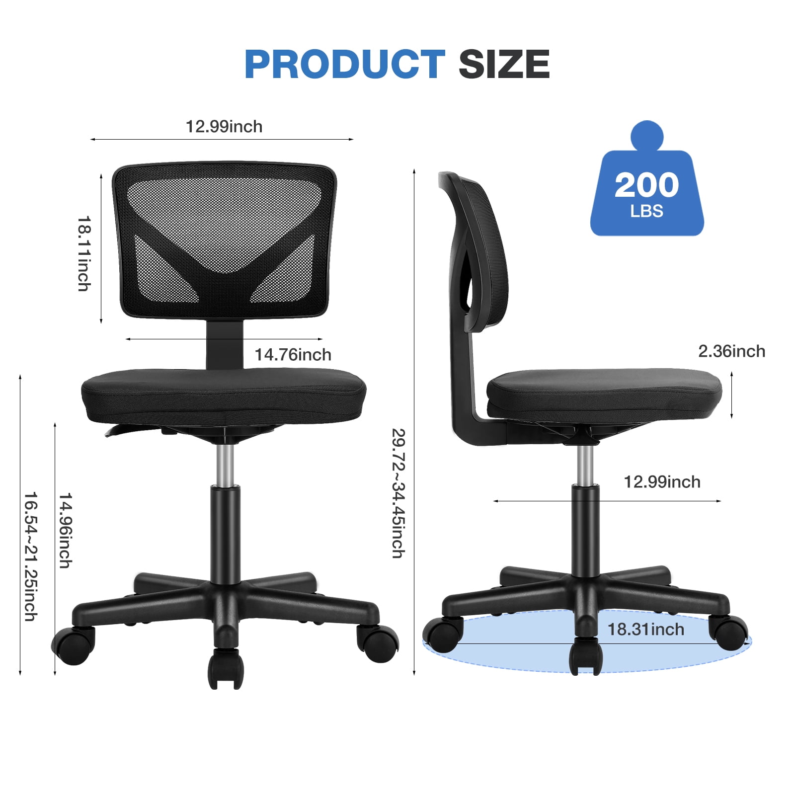 JOINSUN Armless Home Office Desk Chair for Small Space, Adjustable Height, Swivel Rolling Mesh Computer Chair, Black