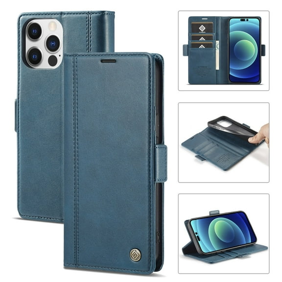 SaniMore for iPhone 14 Pro Max 6.7" 2022 Case, PU Leather Magnetic Flip Folio Shell with Card Holders RFID Blocking Kickstand Shockproof TPU Magnetic Closure Business Cover, Blue