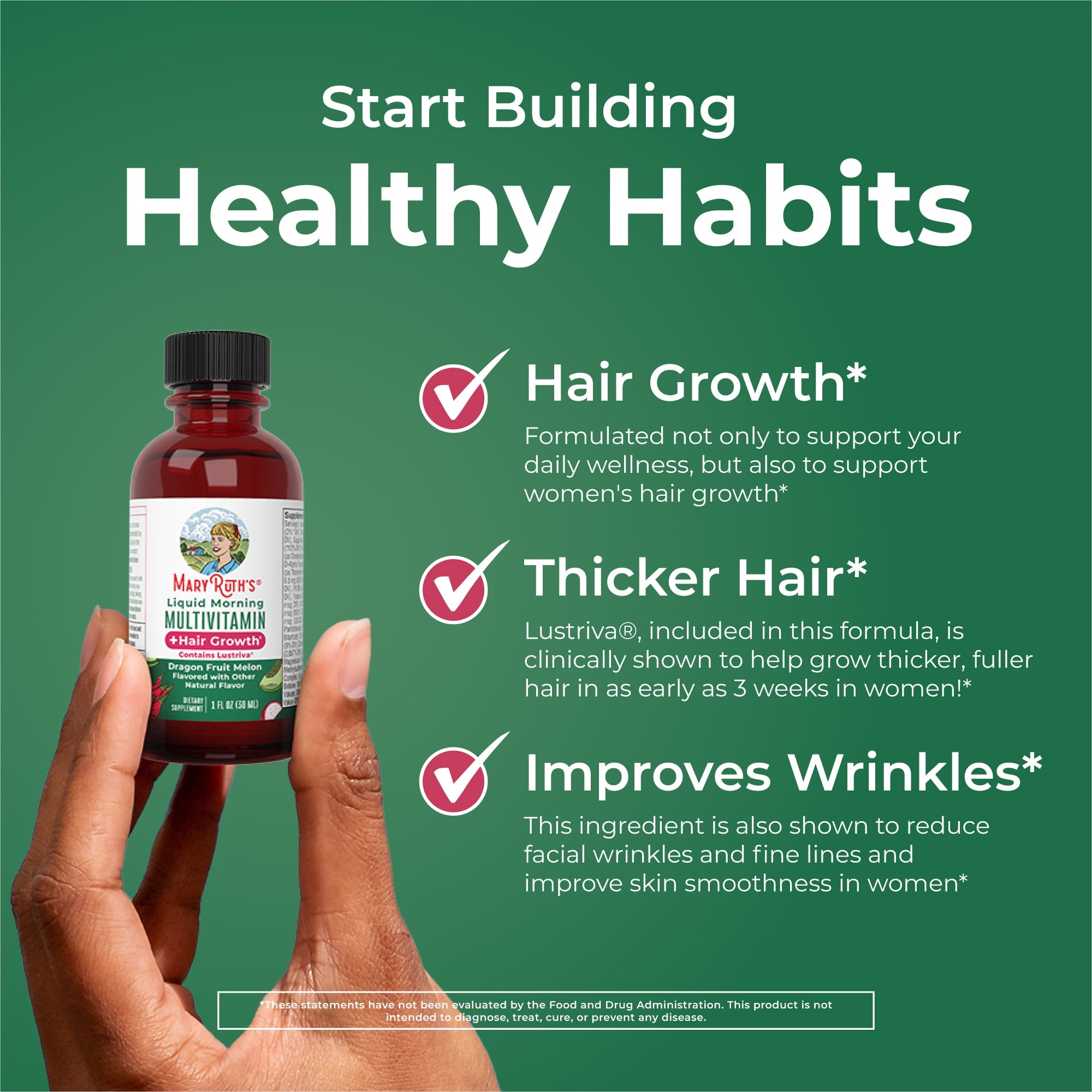 MaryRuth's Liquid Morning Multivitamin + Hair Growth Travel Pack with Lustriva for Thicker Hair, Reduced Wrinkles, Adults Ages 18+, 8-pack, 1 fl oz