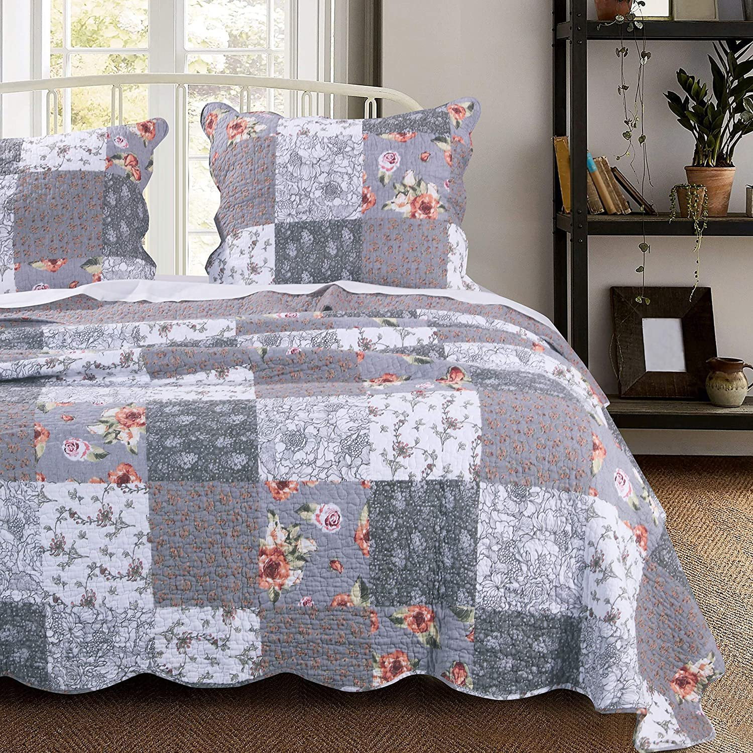 Luxury 100% Cotton Duck Egg Blue Floral Patchwork Quilted Bedspread country NEW