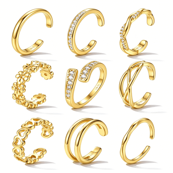 DESIGNICE Gold Toe Rings for Women Non Tarnish- Adjustable 14K Gold Filled Toe Ring Silver Dainty Open Toe Rings Set Waterproof Summer Beach Foot Jewelry 9Pcs