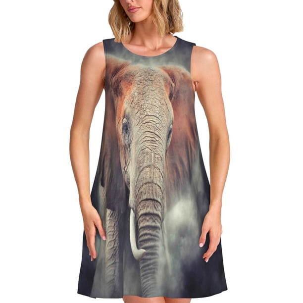 Balery Elephant in Smoke Vestidos de verano para mujer con estampado: vestido holgado sin mangas, vestido playero informal y cómodo para días calurosos.