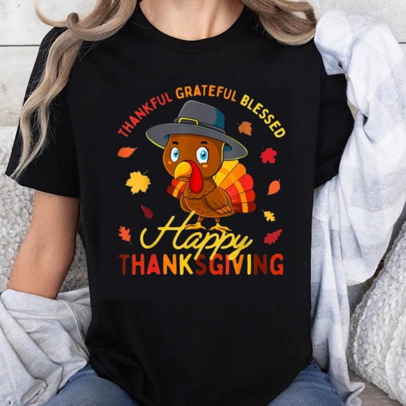 100% Cotton Happy Thanksgiving Turkey Shirt Thankful Grateful Blessed Autumn Leaves Pilgrim Hat Cute Cartoon Turkey Design Thanksgiving Day T-Shirt for Women Men Family Matching Clothes