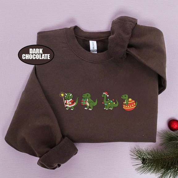 Christmas Dinosaur Embroidered Sweatshirt, Cute Holiday Dino Crewneck, Matching Family Christmas Shirt, Gildan Winter Pullover