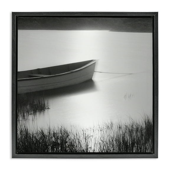 Stupell Industries Rowboat on Peaceful Shore Landscape & Nature Photography Black Floater Framed Canvas Art Print Wall Art, 18 x 18
