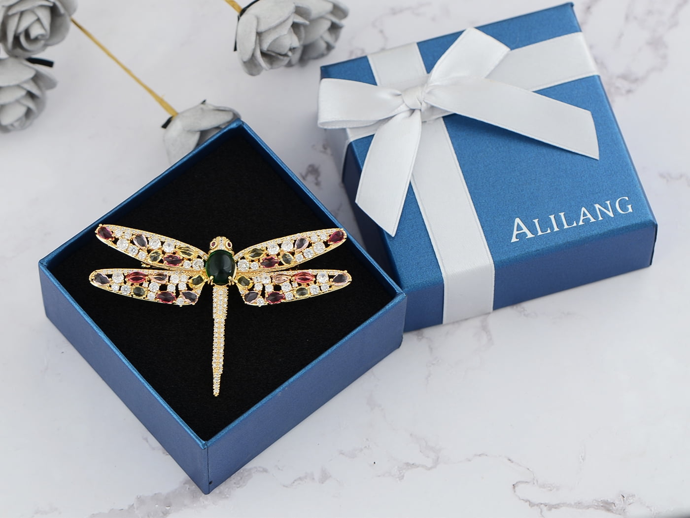 Alilang Women's Dragonfly Brooch Pin - Golden Tone With Clear Rhinestones & Pearlescent Enamel