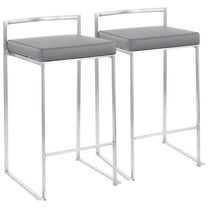 Fuji Contemporary Stackable Counter Stool in Stainless Steel with Grey Faux Leather Cushion by LumiSource - Set of 2
