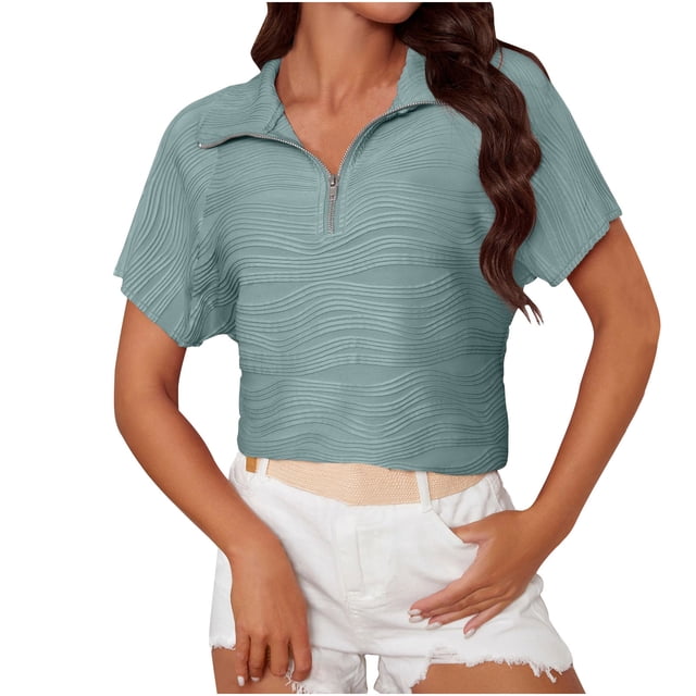 Penkiiy T-Shirt Texturé à Fermeture Éclair Col en V Manches Courtes Été Col Rond Basique Décontracté Uni 2TG Vert