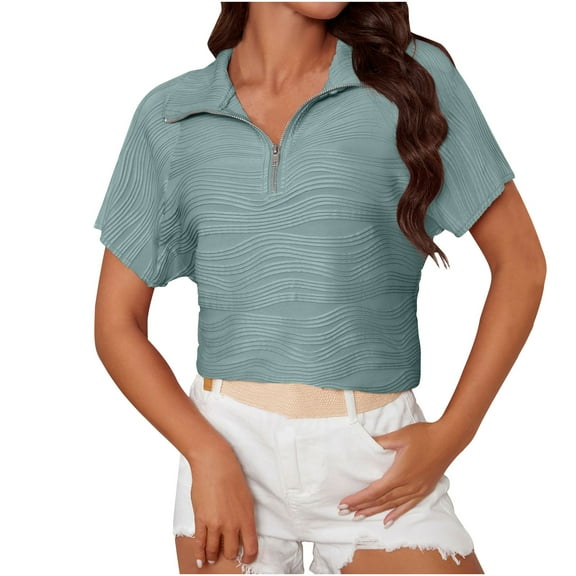 Diufon Half Zipper T Shirts for Women Knit V Neck Short Sleeve Textured Tops Solid Color Blouses
