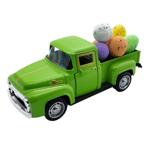 Easter Truck with Eggs, Vintage Metal Pickup Decor for Easter Decorations, Green Truck with 6 Eggs