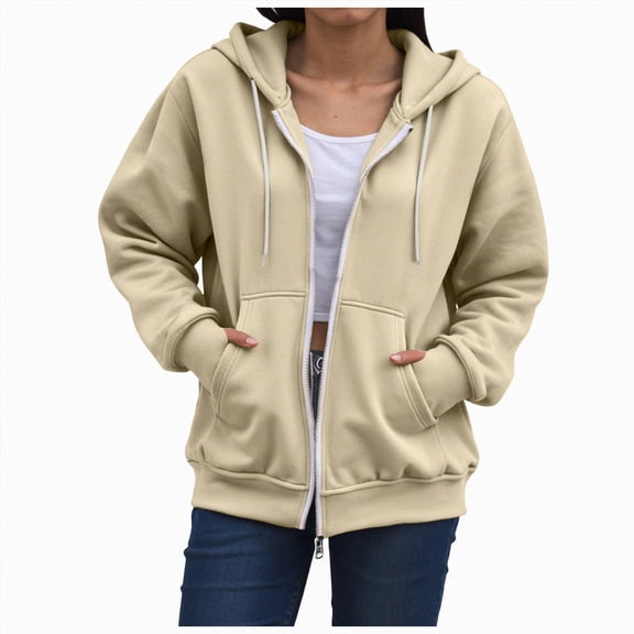 Godom Women's Drawstring Zip Up Cute Hoodies Fall Jacket Oversized Casual Solid Color Sweatshirts with Pocket