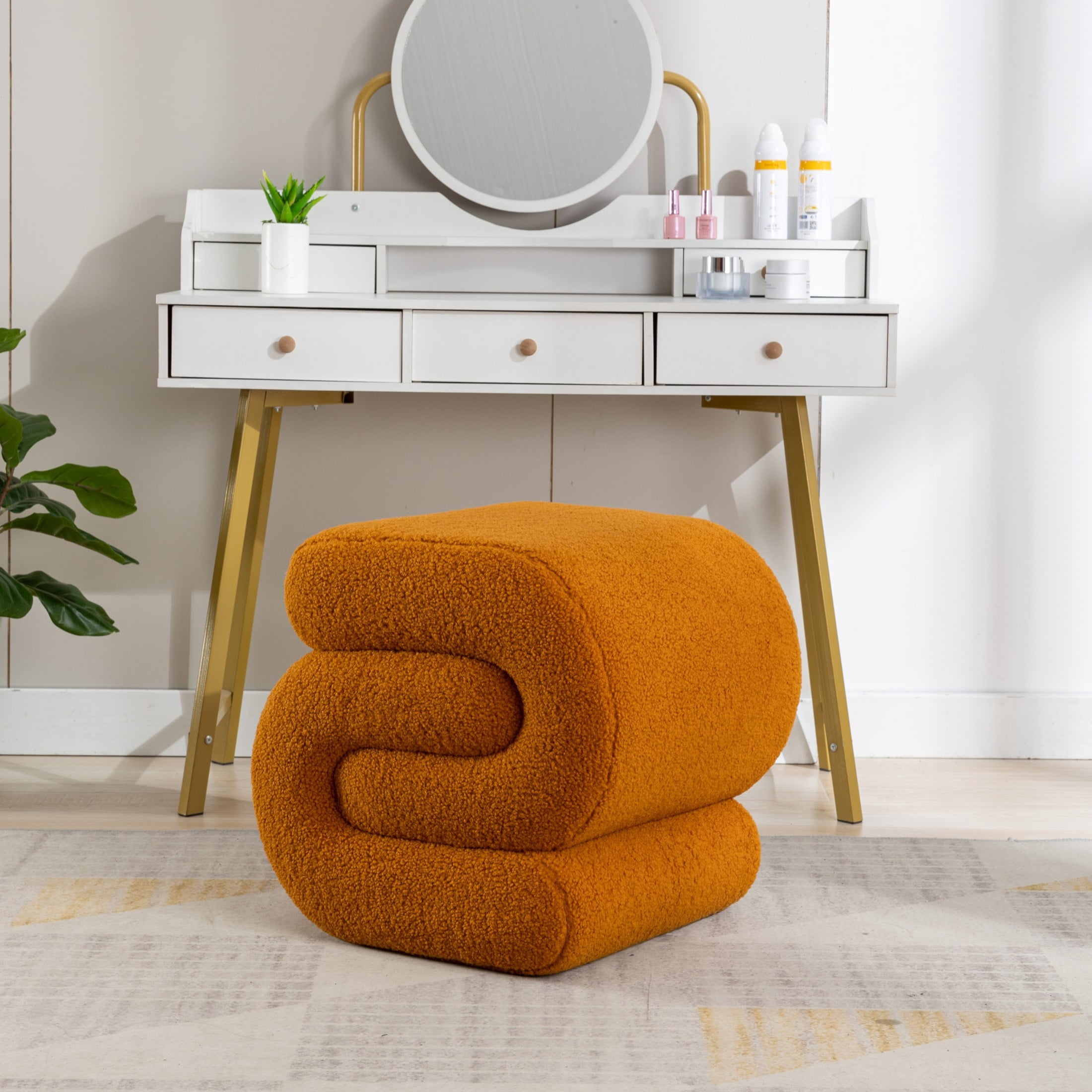 Noble House Rache 19" S-Shape Teddy Accent Ottoman, Boucle Makeup Footrest Table Stool with Foam, Orange