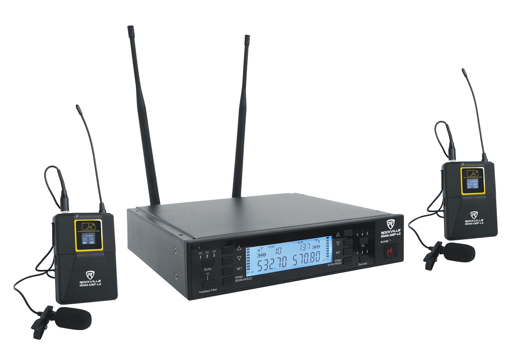 Rockville RWM-DSP-L2 Dual Lapel+Headset UHF 200Ch Microphone System DSP Control