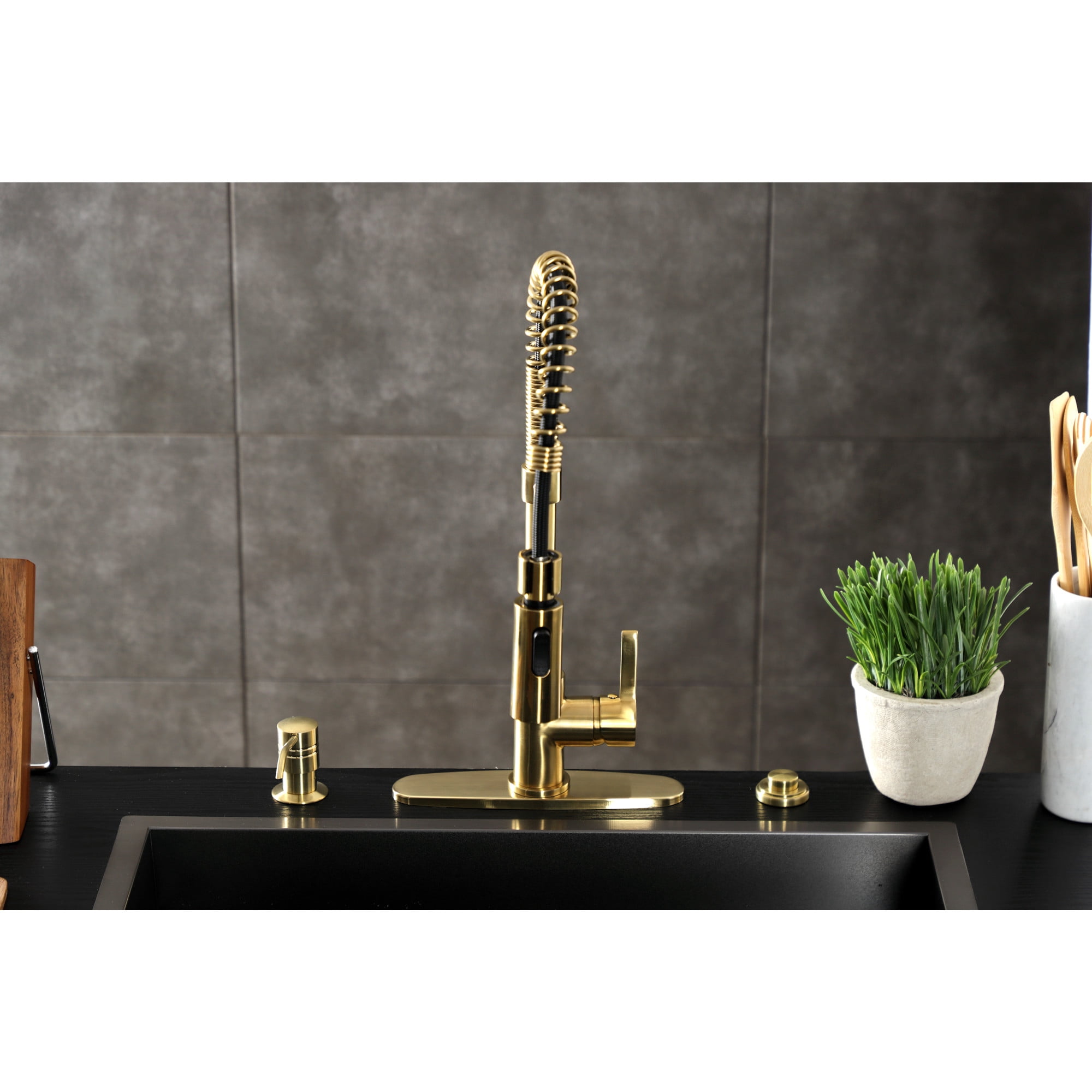 Gourmetier LS8773CTL Continental Single-Handle Deck-Mount Pre-Rinse Kitchen Faucet, Brushed Brass