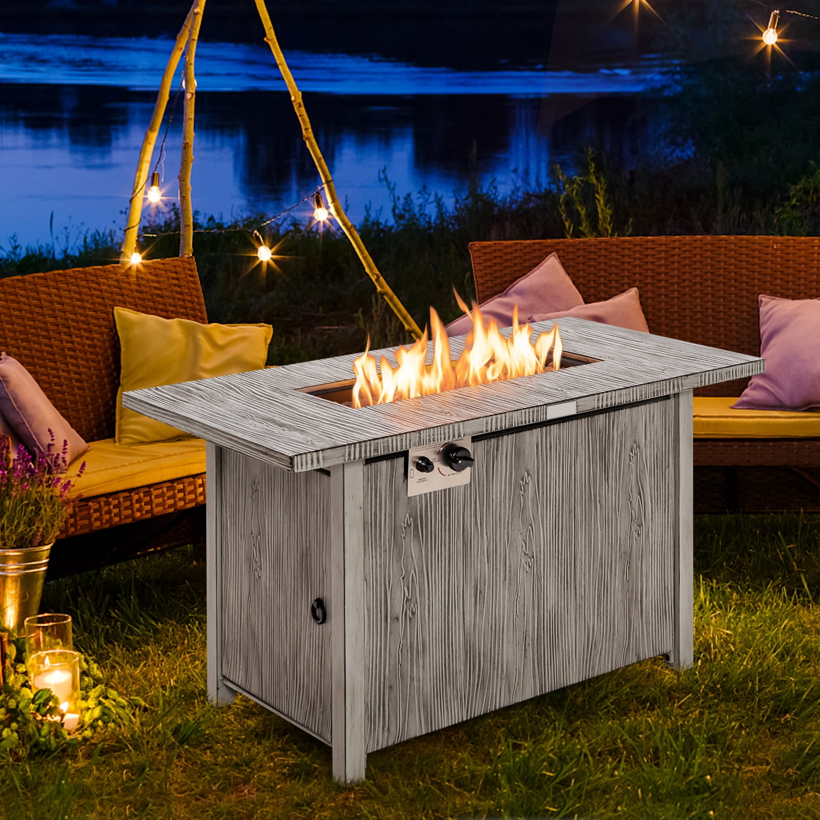 Patiojoy 43’’ Propane Fire Pit Table 50,000 BTU Outdoor Propane Gas Fire Table w/ Wood Grain Tabletop Hideaway Tank Storage