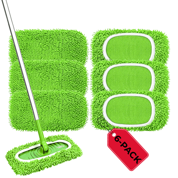 LOVECO 6‑Pack Green Chenille Microfiber Mop Pads for SwifferSweeper 2‑in‑1, Washable Refills for Dry Sweeping & Wet Mopping (Mop Not Included)