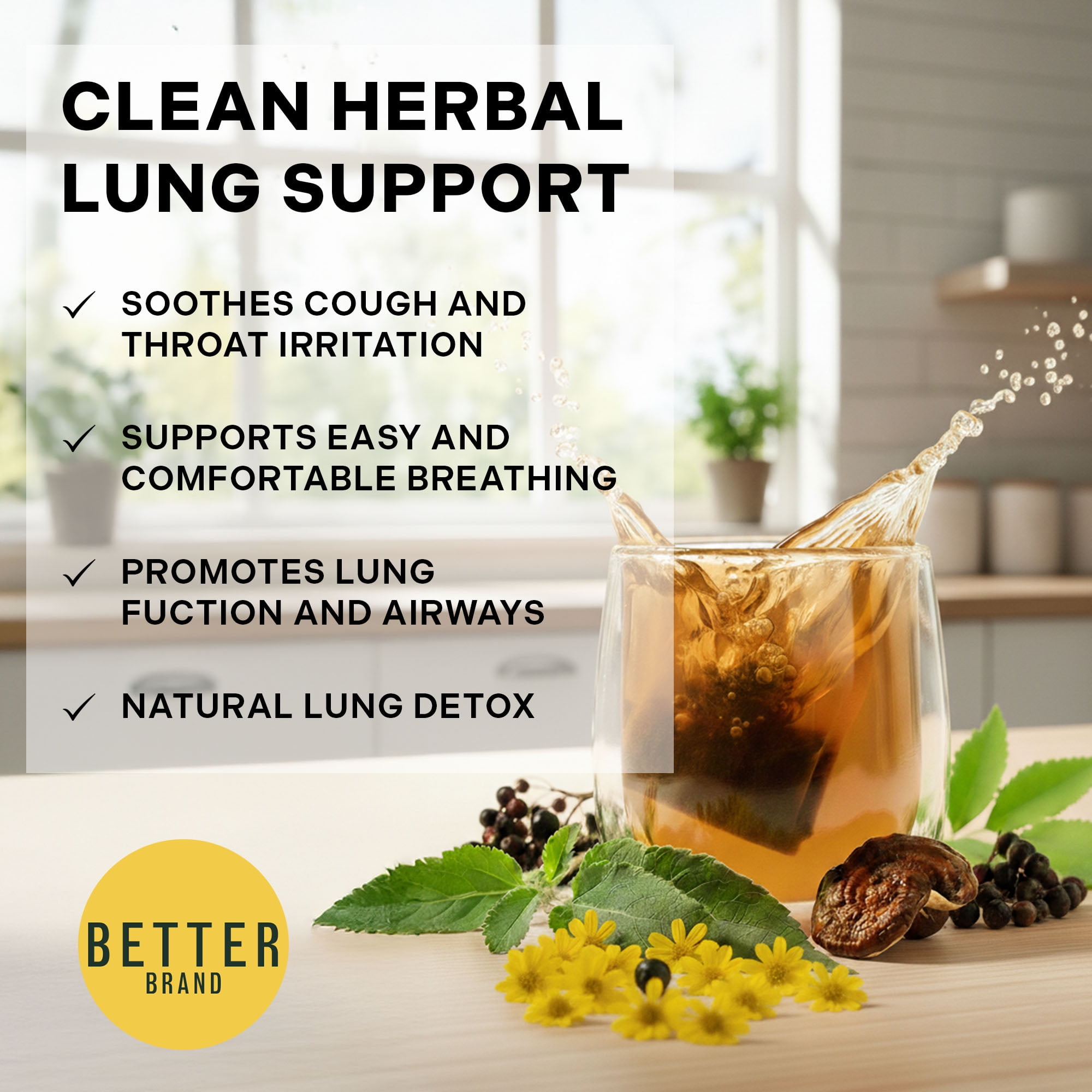 Betterbrand Mullein Tea Bags for Lung Detox - Respiratory Support with Thyme, Elderberry, Ginseng, Ginger, Caffeine Free Herbal Blend - 15 Tea Bags (Pack of 1 )