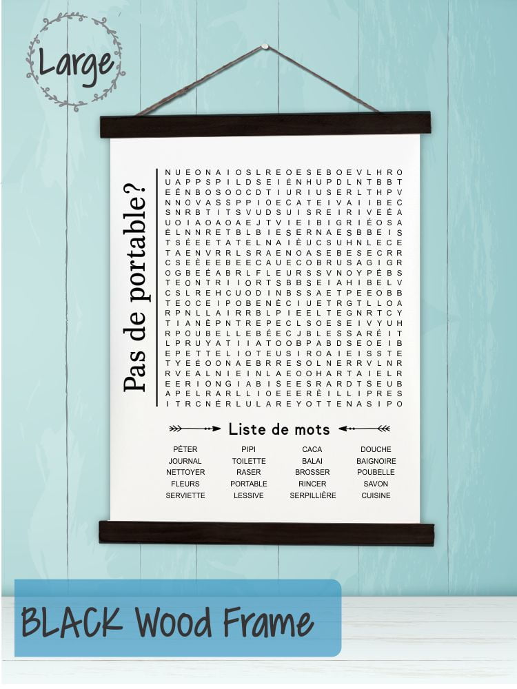 Black Wood, Canvas Sign, French Words Bathroom Décor Word Search Puzzle