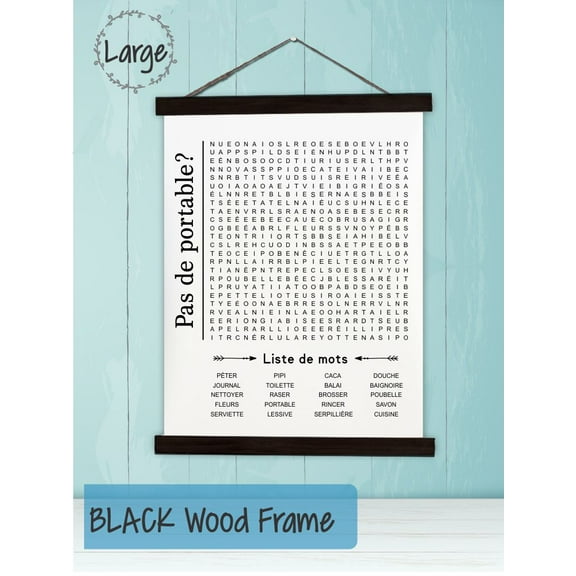 Black Wood, Canvas Sign, French Words Bathroom Décor Word Search Puzzle Print, Lightweight Ready to Hang Wall Hanging, 19x24-Inch
