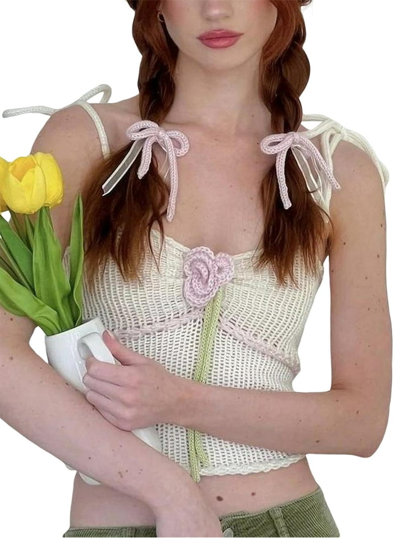 Wassery Women Juniors Crochet Knit Crop Cami Tops 3D Floral Halter