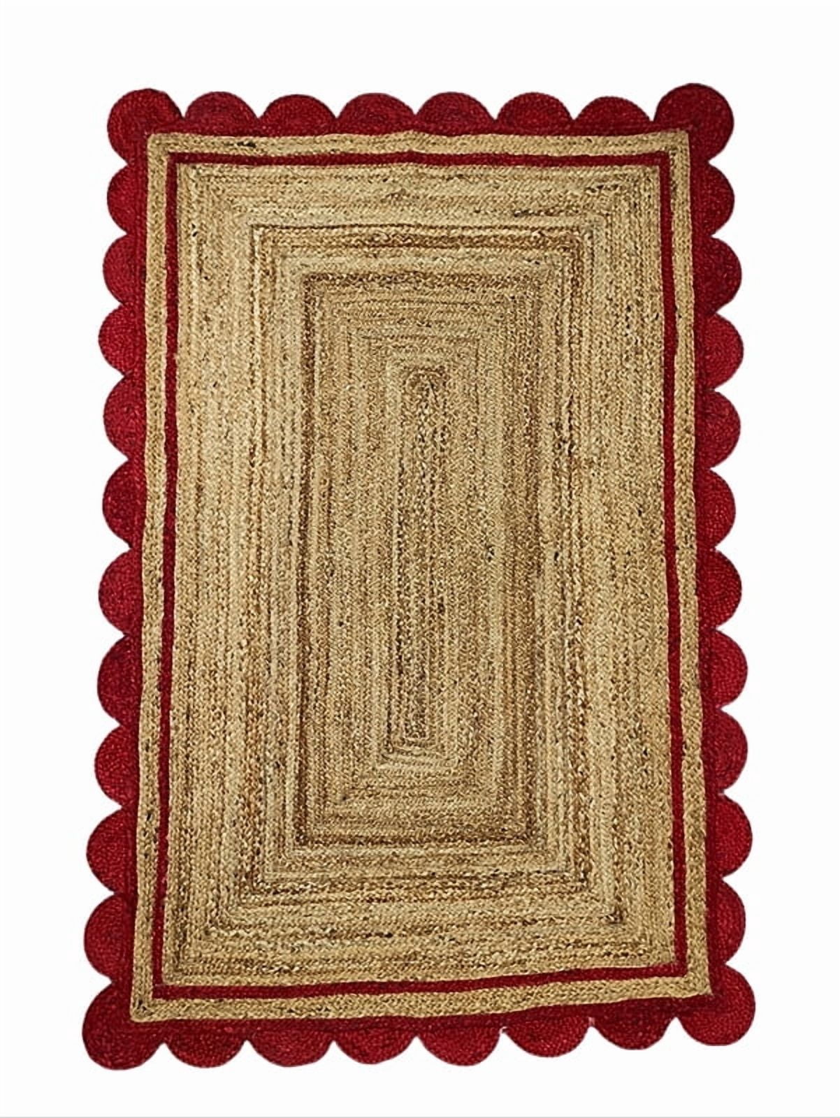 2x3 Ft Red & Natural Jute Premium Scalloped Jute Rug | Boho scalloped rug for Living Room | Bedroom | Kitchen | Hallway | Entryway