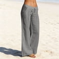 thumbnail image 2 of Wide Leg Women's Linen Pants - Drawstring Stretch Elastic Waist Pull on Full Length Trousers Lightweight Breathable with Pockets for Travel Casual, Gray, S, 2 of 7