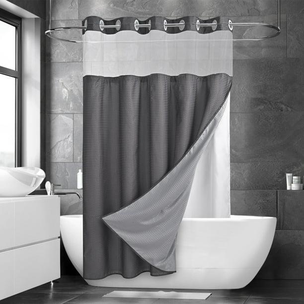 Ikfashoni Gray Hookless Shower Curtain with Snap in Liner,Waffle Weave