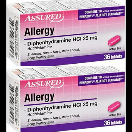 2 Lots Assured Allergy Diphenhydramine HCl 25 mg Antihistamine, 36-ct. Tablets Each