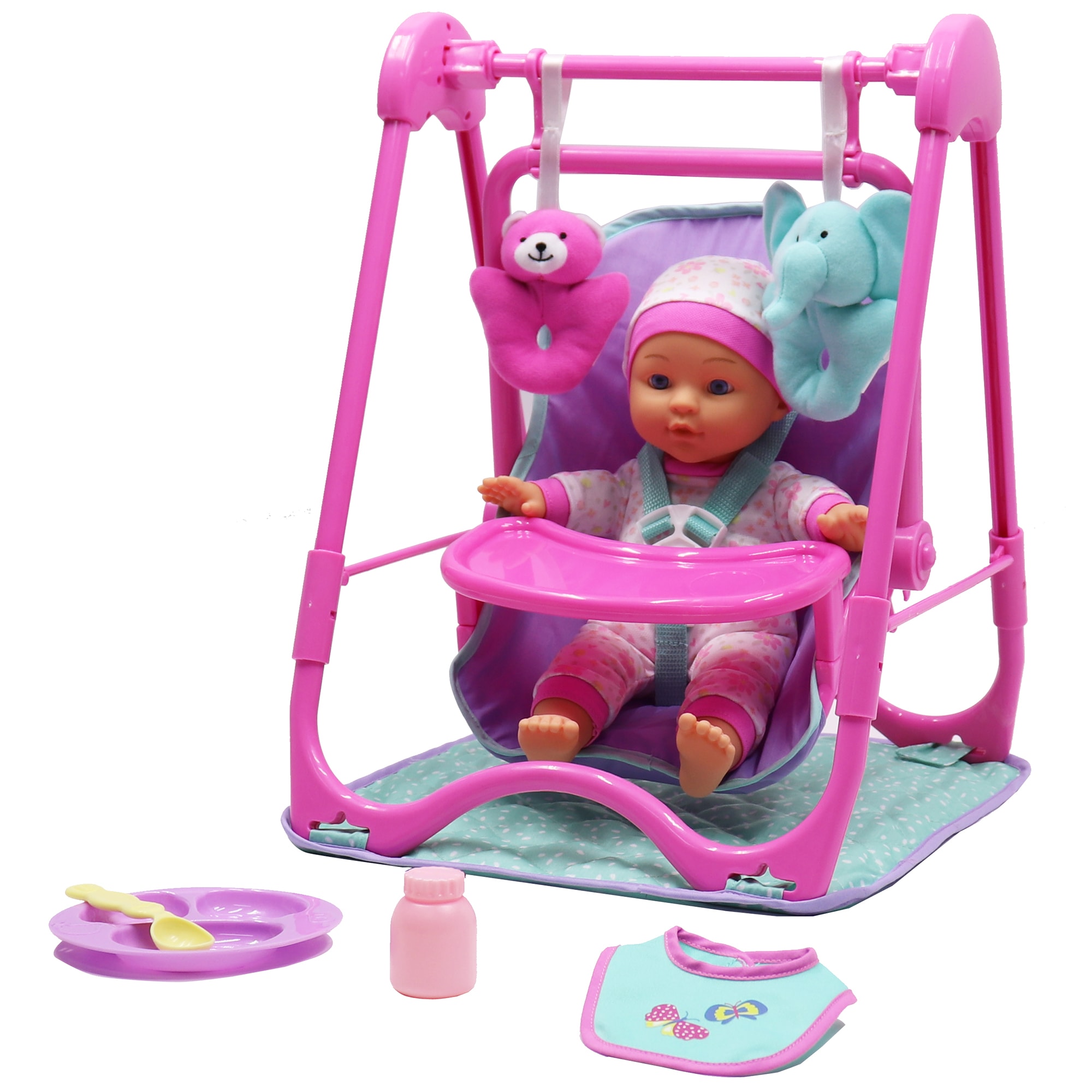 Dream Collection: Baby Doll 4-In-1 High Chair Play Set - Pink & Teal - 12" Doll, Hand-Held Carrier, Feeding Accessories, Realistic Play, Kids Ages 2+