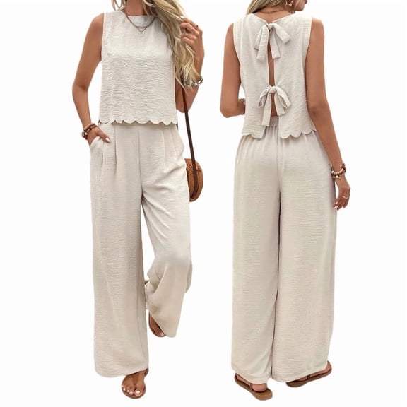Byworldtasic 2 Piece Summer Outfit for Women Backless Tie Back Vest Wide Leg Flowy Beach Pants Casual Vacation Matching Sets