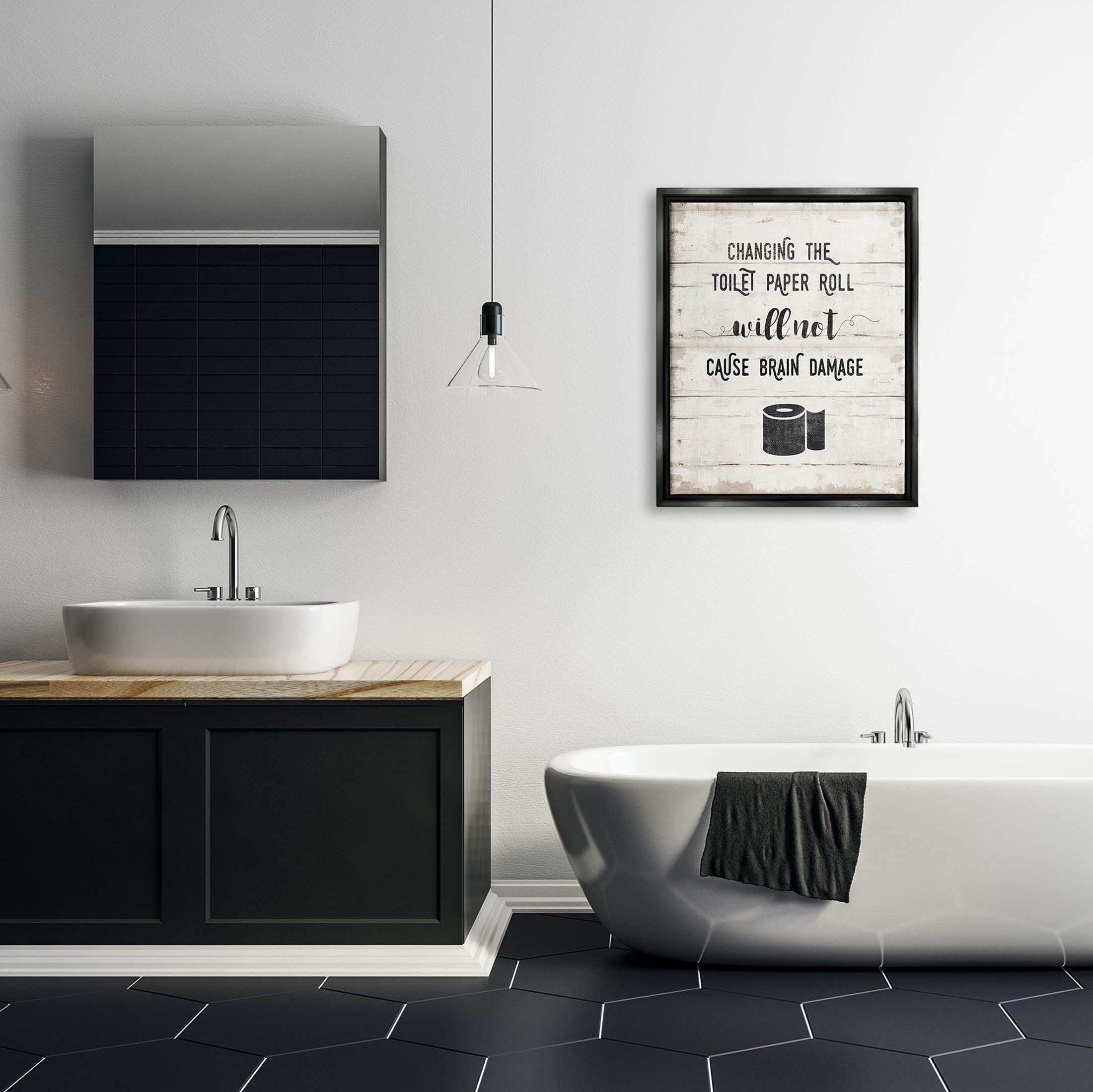 Stupell Industries Changing Toilet Paper Funny Graphic Art Jet Black Floating Framed Canvas Print Wall Art, Design by Amanda Murray