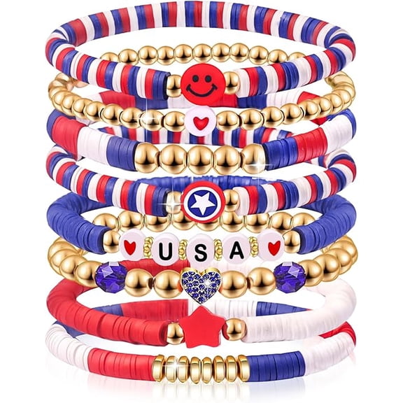 Independence Day Red White Blue Clay Beaded Stackable Stretch Bracelets USA Patriotic Jewelry 4th of July Accessories
