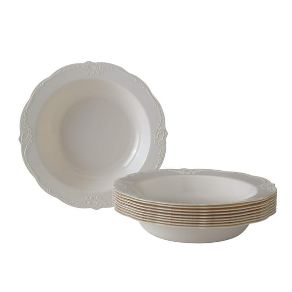 Vintage Design Disposable Soup Plates For AFN1Party (10 Heavy Duty Disposable Dinner Set 12 oz, Fine Dining Plastic Dishes , Elegant China Look, Great for Upscale Wedding, Dining & Serving, Cream