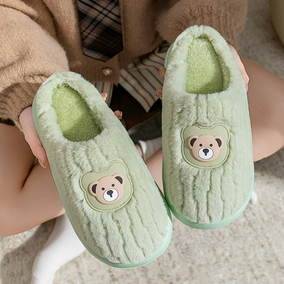 Viluyesy Fuzzy Slippers for Womens, Slip-On Closed Toe Plush Soft Sole Winter Warm Bedroom House Shoes Green