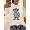 thumbnail image 1 of Women's Vintage-Inspired Raccoon Graphic Tee - Casual Round Neck, Short Sleeve, Polyester, Machine Washable - White with Black & Gray Print, Casual Attire Tee|Vintage Graphic Tee|Stretchy Knit Top, R, 1 of 6