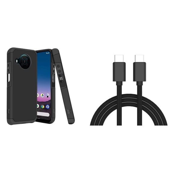 Bemz Nokia X100 Bundle: Slim Dual Layer Shockproof Protector Case (Black), PD Power Delivery USB-C to USB-C Cable (3 Feet)
