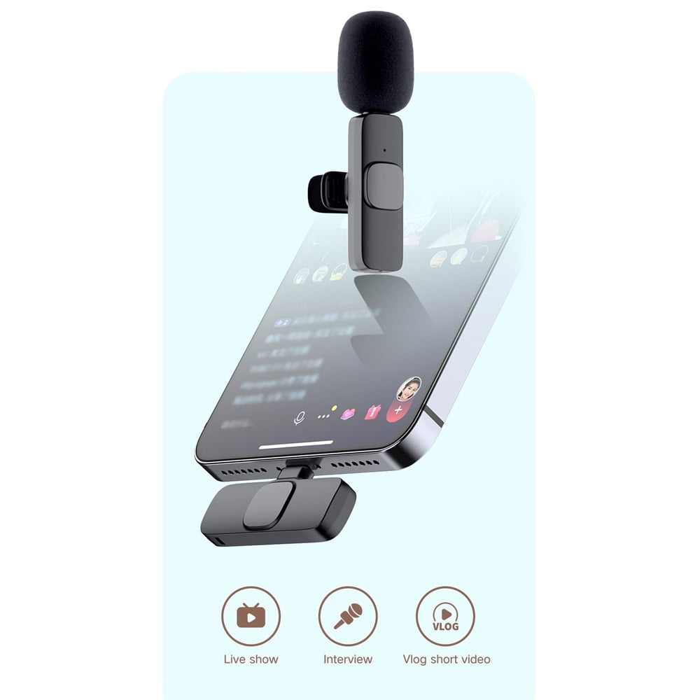 Carevas Wireless Lavalier Microphone Clip-on Omnidirectional Mic Receiver Microphone System with Type-C Port Wind Muff Adapter Replacement for Android iOS Smartphone Live Stream Interview Recordin