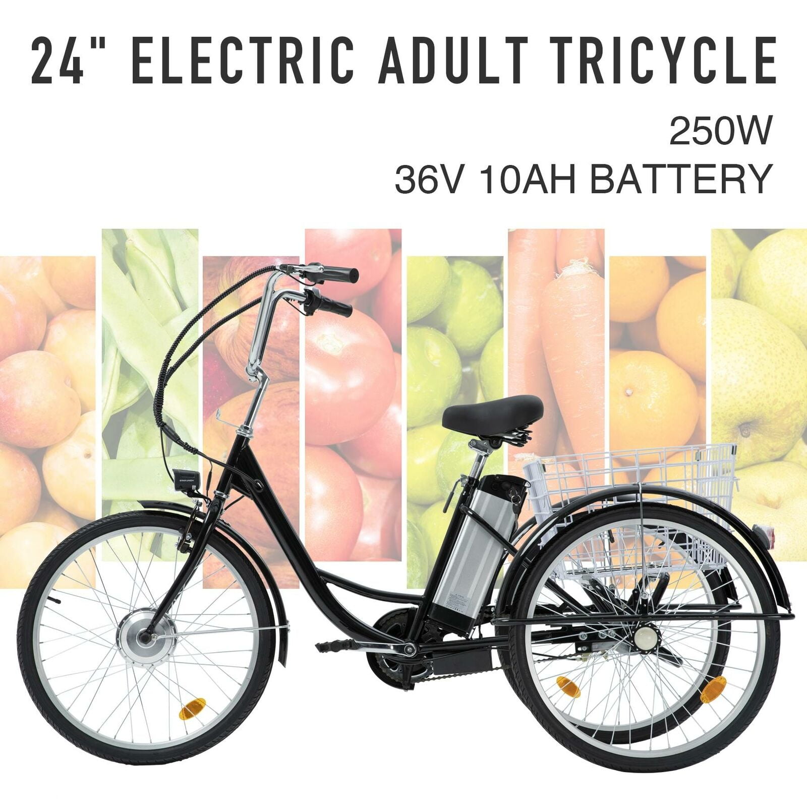 Adult Electric Tricycle 24" 250W 36V 10AH Lithium Battery w/Basket