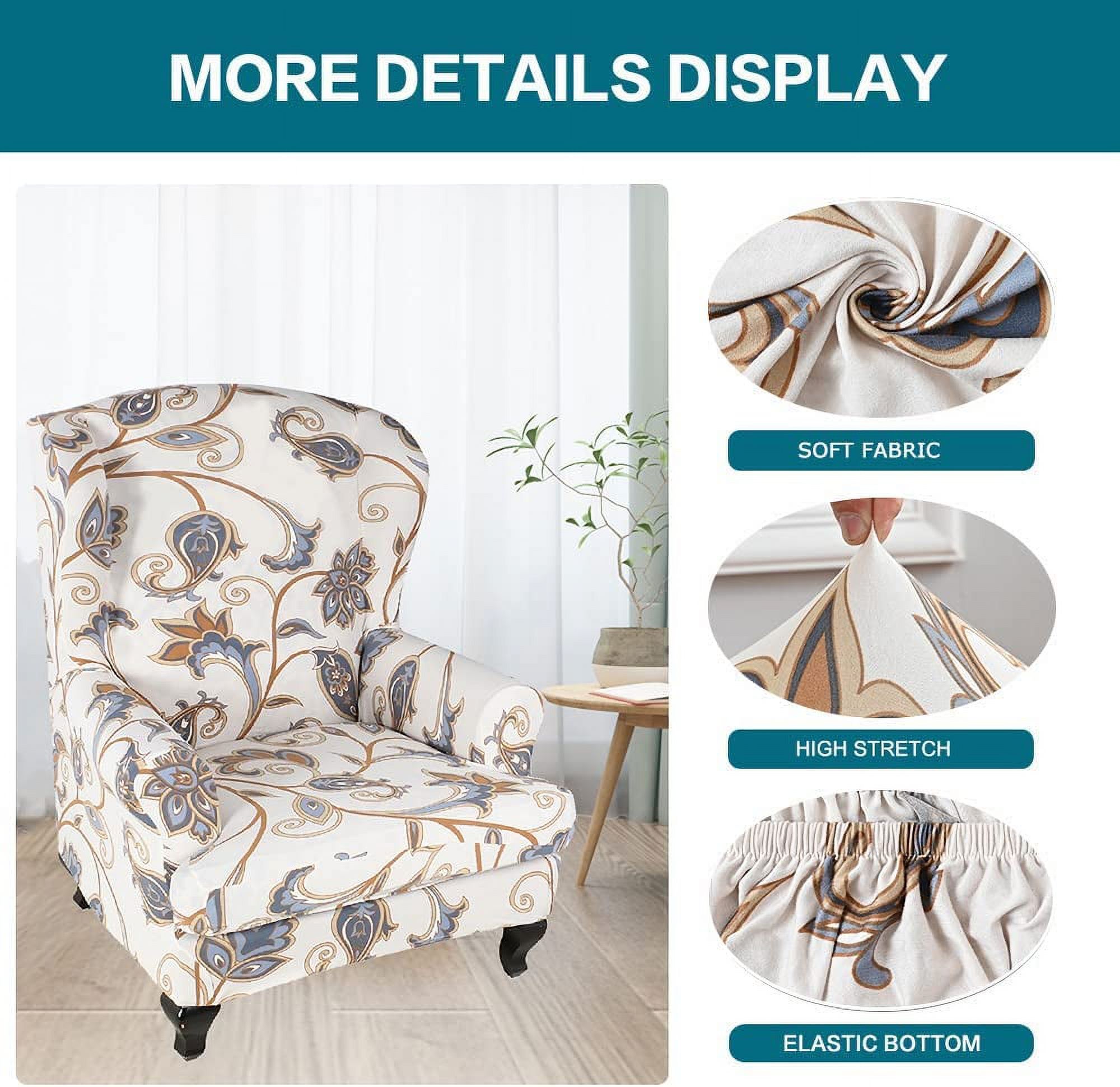 CHUNTIAN Wingback Chair Covers Slipcovers 2 Piece Stretch Wing Chair Covers Spandex Slipcovers Wingback Sofa Covers Armchair Covers Non-Slip Furniture Protector for Living Room Wingback Chairs, A13