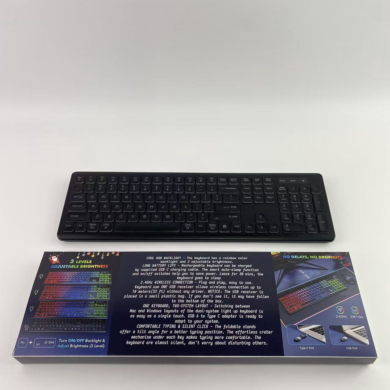 VALERYXIS Computer keyboard, wireless keyboard, rechargeable and illuminated letters, full-size