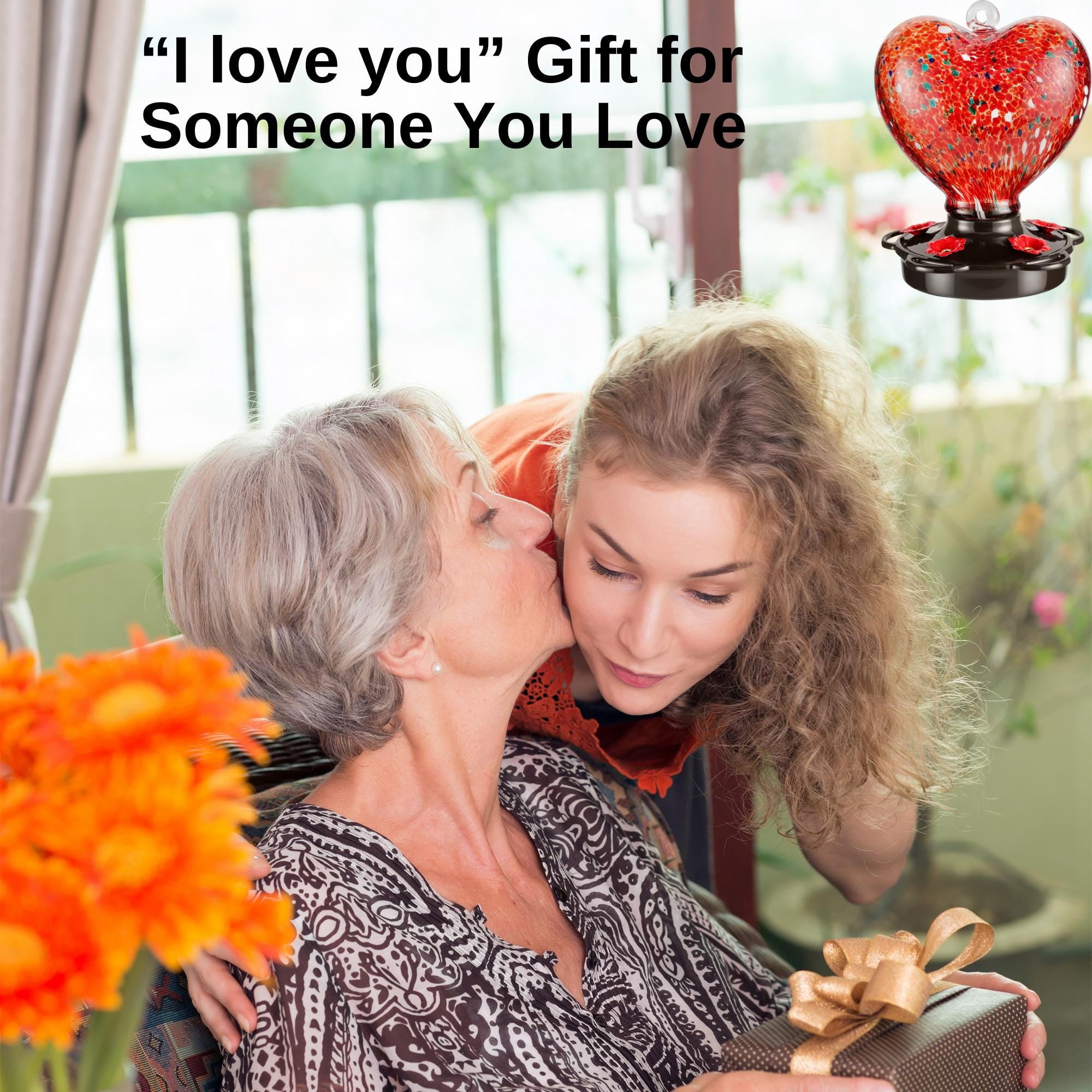 Heart Shaped Hummingbird Feeder for Outdoors Hanging, Hand Blown Glass, 28 oz, Leak Proof & Rustproof, Perfect Gift for Bird Lovers - Red