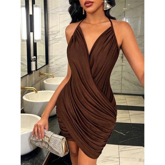 Brown Womens Sexy Spaghetti Strap Sleeveless Bodycon Mini Dress With Ruched Detail And V-Neck