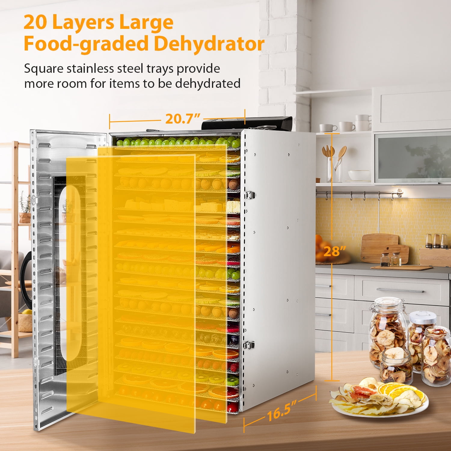 Joreek Food Dehydrator Machine, 20 Stainless Steel Trays, 1500W Power, 194°F Dehydrated Dryer for Jerky, Dog Treats, Herbs, Meat, Fruit, Yogurt and Veggies