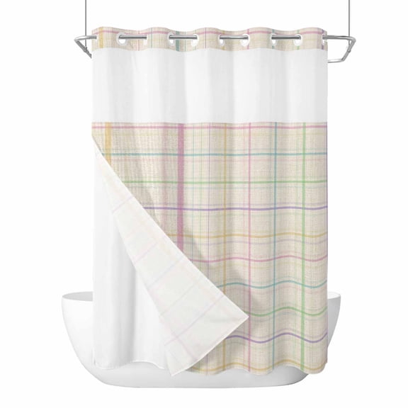 No Hook Colorful Geometric Plaid Shower Curtain with Snap in Liner Set, Simple Vintage Grid Beige Waterproof Fabric Bathroom Curtains with See Through Top Window, Hotel Style Long 72 x 84 Inch