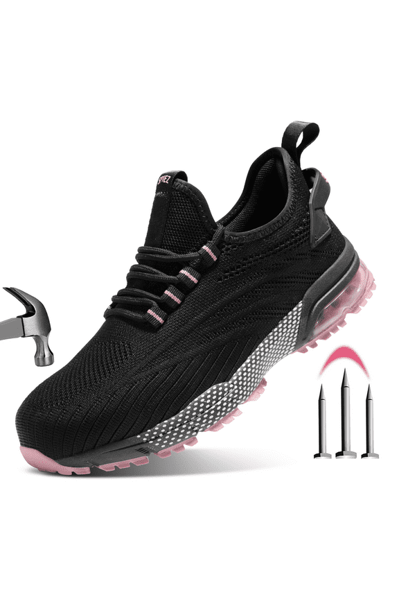 Composite Toe Safety Shoes for Women, Slip On Lightweight Safety Sneakers, Breathable Work Shoe with Air Cushion, Black Pink Size 7